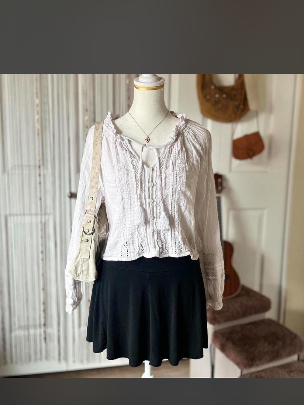 American Eagle Outfitters White Ruffle Button-Front Peasant Blouse